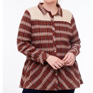 NWT L Love Plaid Button-Down Shirt Boho Lace Blouse Top